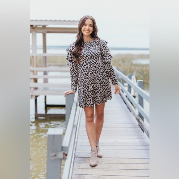Simply Southern Leopard Print Long sleeve Ruffle Dress Size XL, New with Tags - Picture 1 of 10